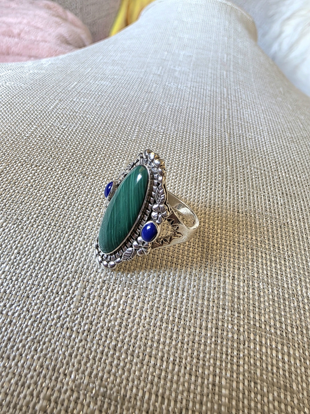 925 Sterling Silver Green Malachite & Blue Stone Statement Ring Size 8 - Picture 7 of 13